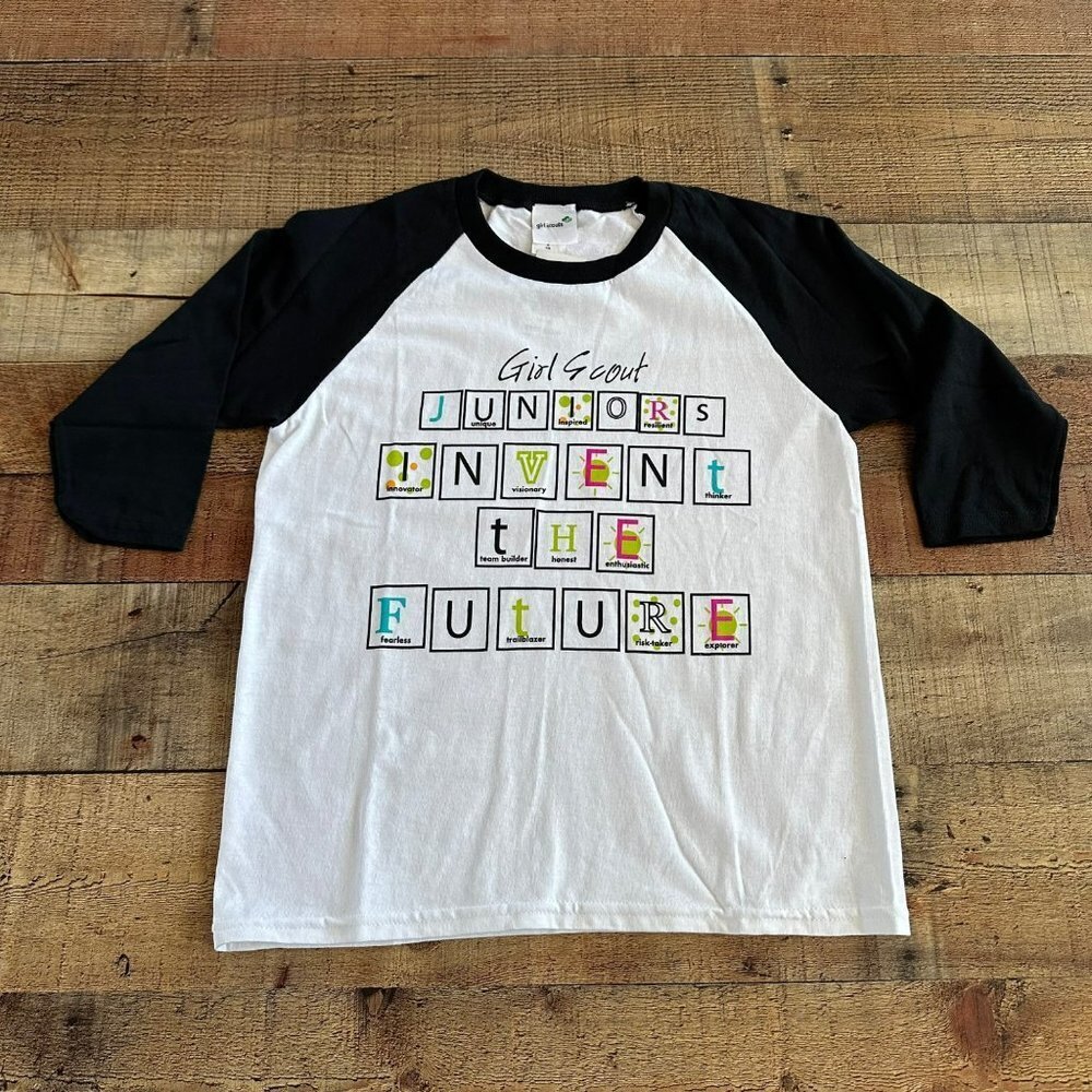 Girl Scouts Kids Black and White 3/4 Sleeve Graphic Baseball Tee Reglan -S